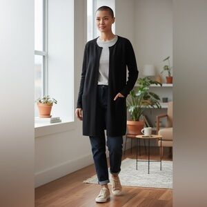 Talbots 100% merino wool trench cardigan hidden button closure mid thigh length